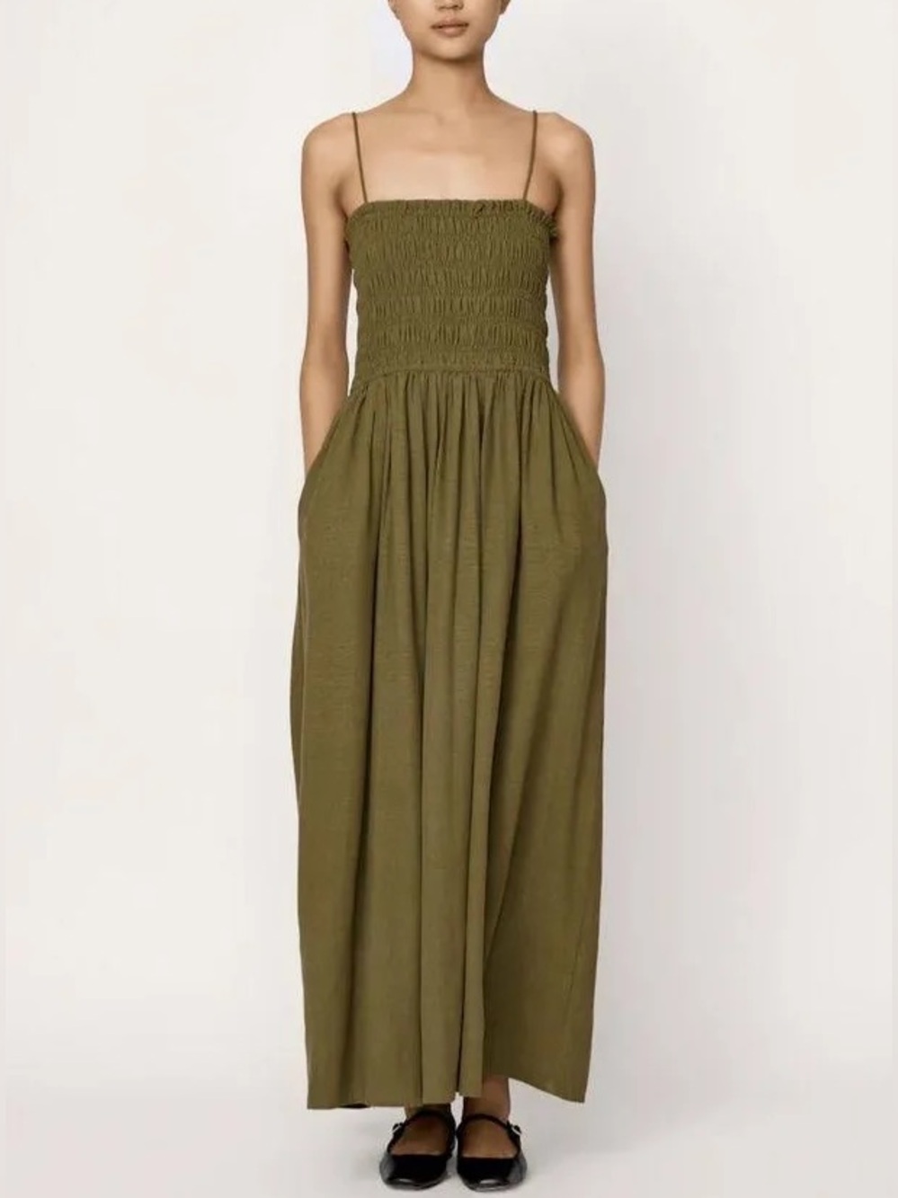 Laude the Label Strappy Smocked-Bodice Dress in Olive Branch